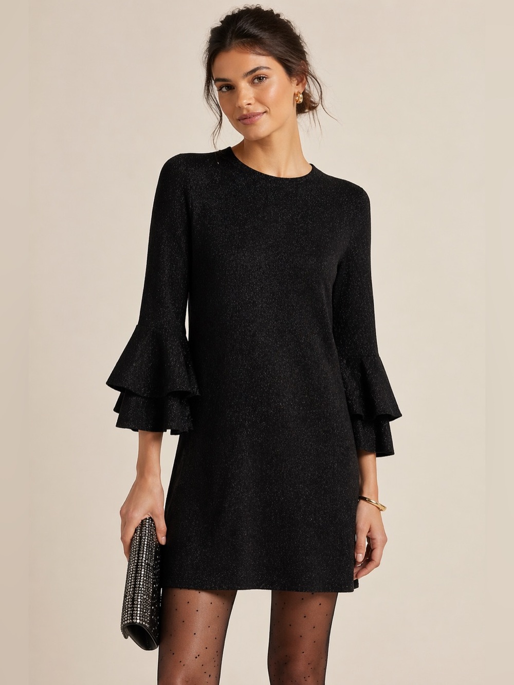 Anthropologie Claudette Black Shimmer Knit Mini Dress Flare Sleeve XS